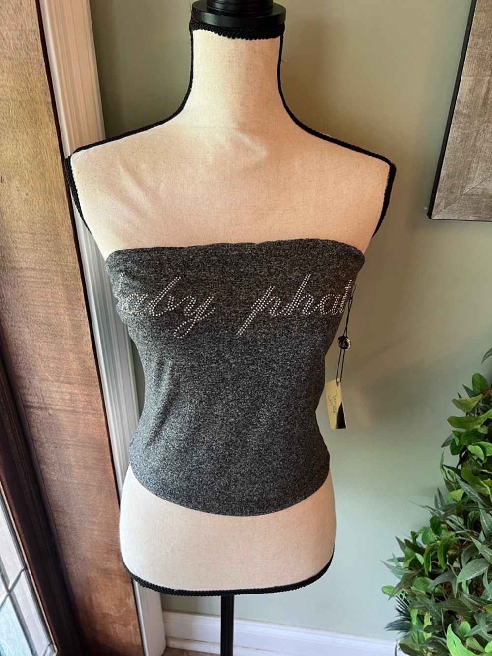 Baby Phat Charcoal Gray Rhinestone Logo Tube Top
